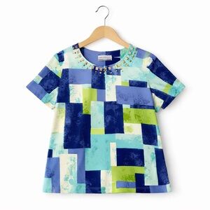 Alfred Dunner Blue and Green Geometric Blouse